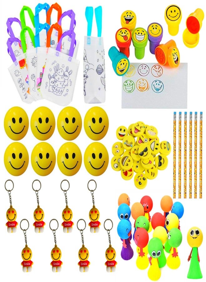 Bloombec هدايا عيد ميلاد للأطفال من بلومبيك بتصميم إيموجي - 70 قطعة | عبوة من 10 حقائب هدايا للتلوين مع أدوات مكتبية، طوابع، كرة مبتسمة، سلاسل مفاتيح وألعاب | هدايا عيد ميلاد للأطفال من الأولاد والبنات - Image 1